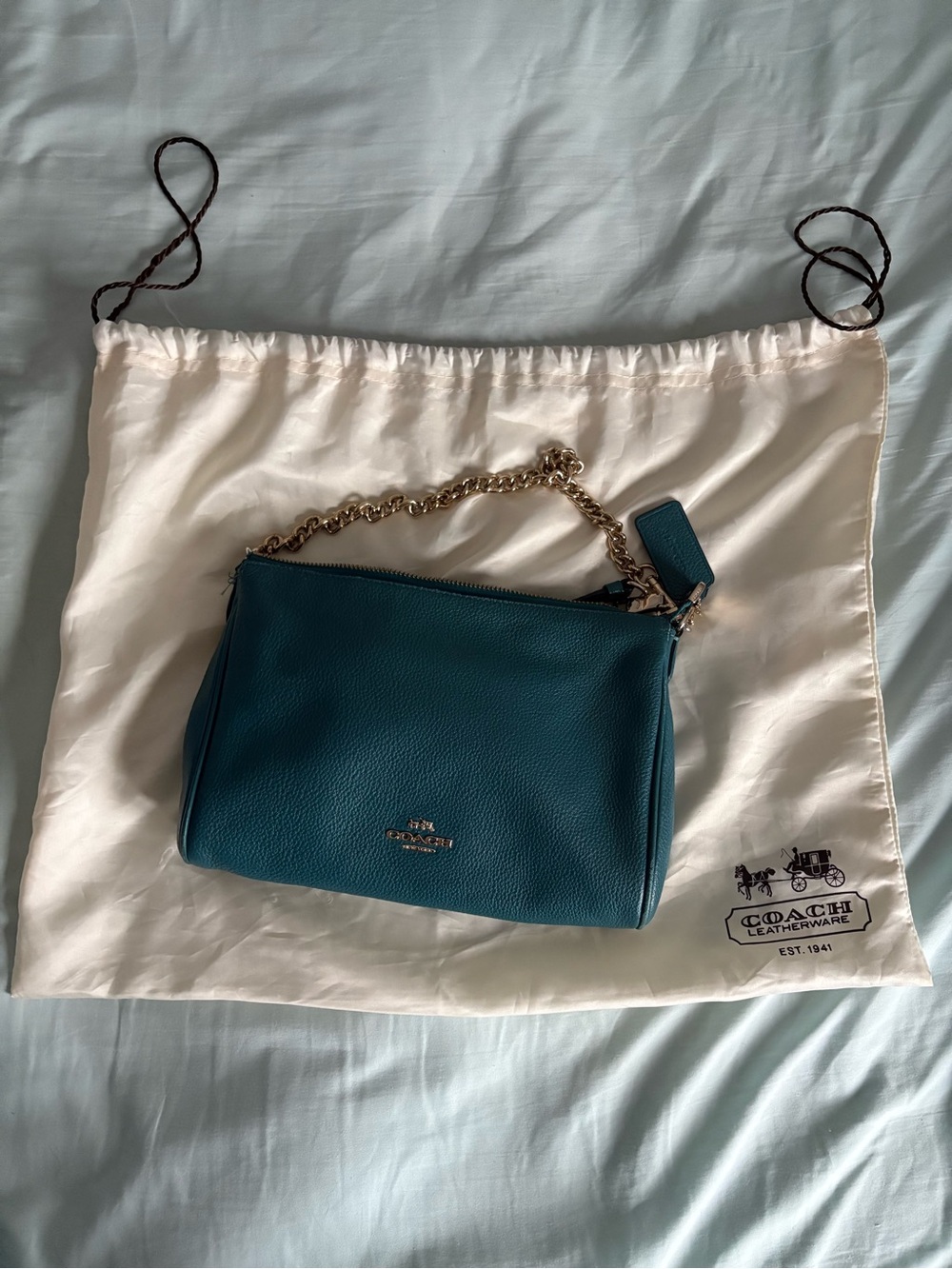 Coach Teal Leather Shoulder Bag with Gold Chain